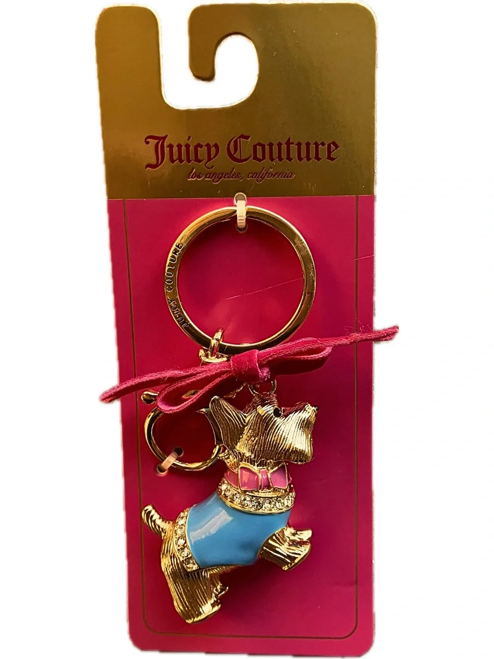 NWT Juicy Couture Crystal Scottie Dog Keychain Bag Charm Blue Pink Gold Tone